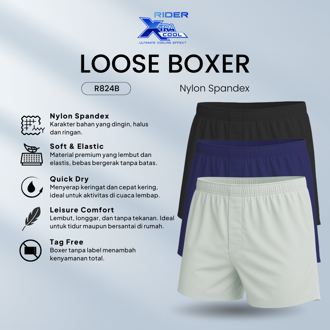 Jual Rider Premium Loose Boxer Nylon Spandex - Boxer Pria Wanita R824B ...