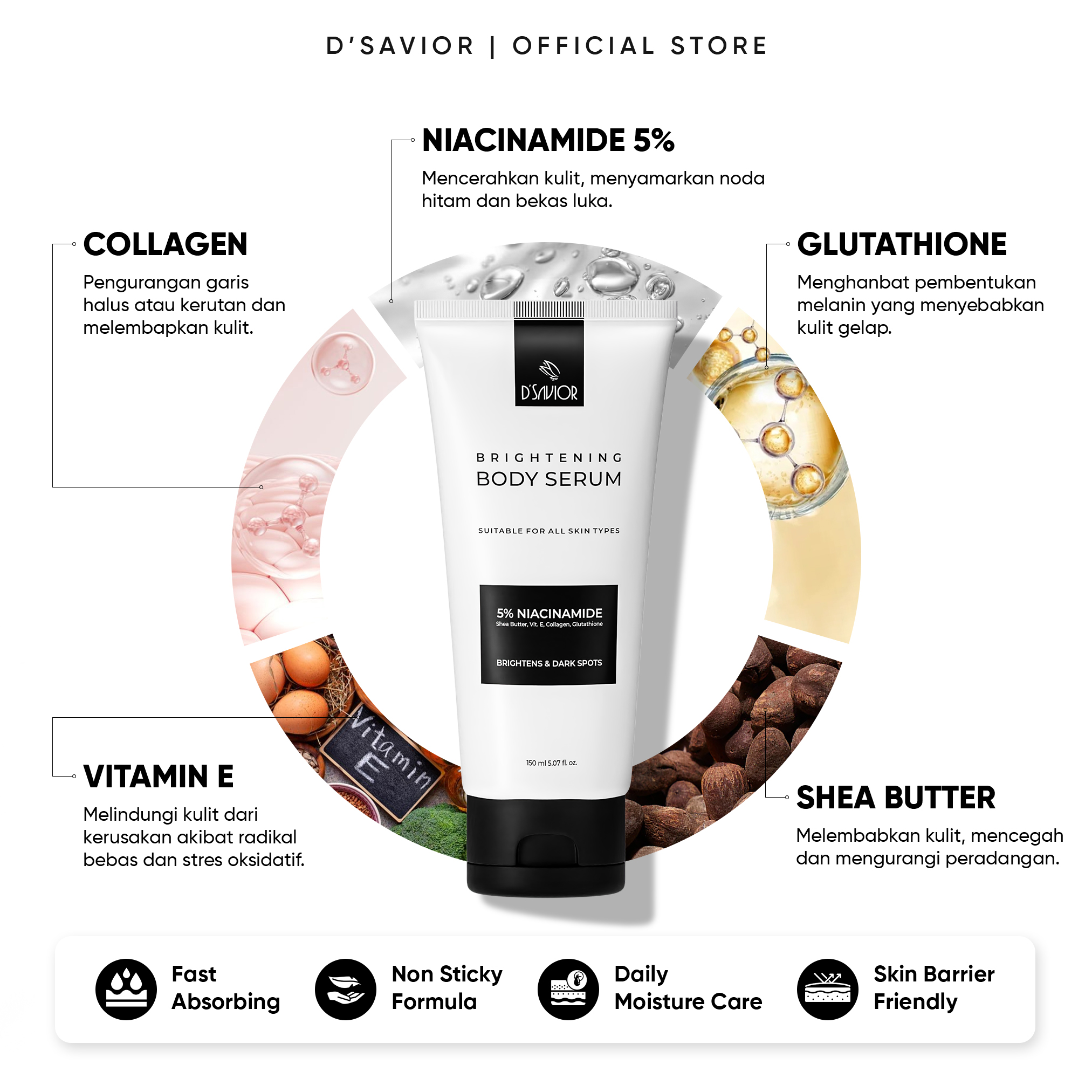 Jual D'SAVIOR Brightening Body Serum Niacinamide 5% High Grade 150ml ...