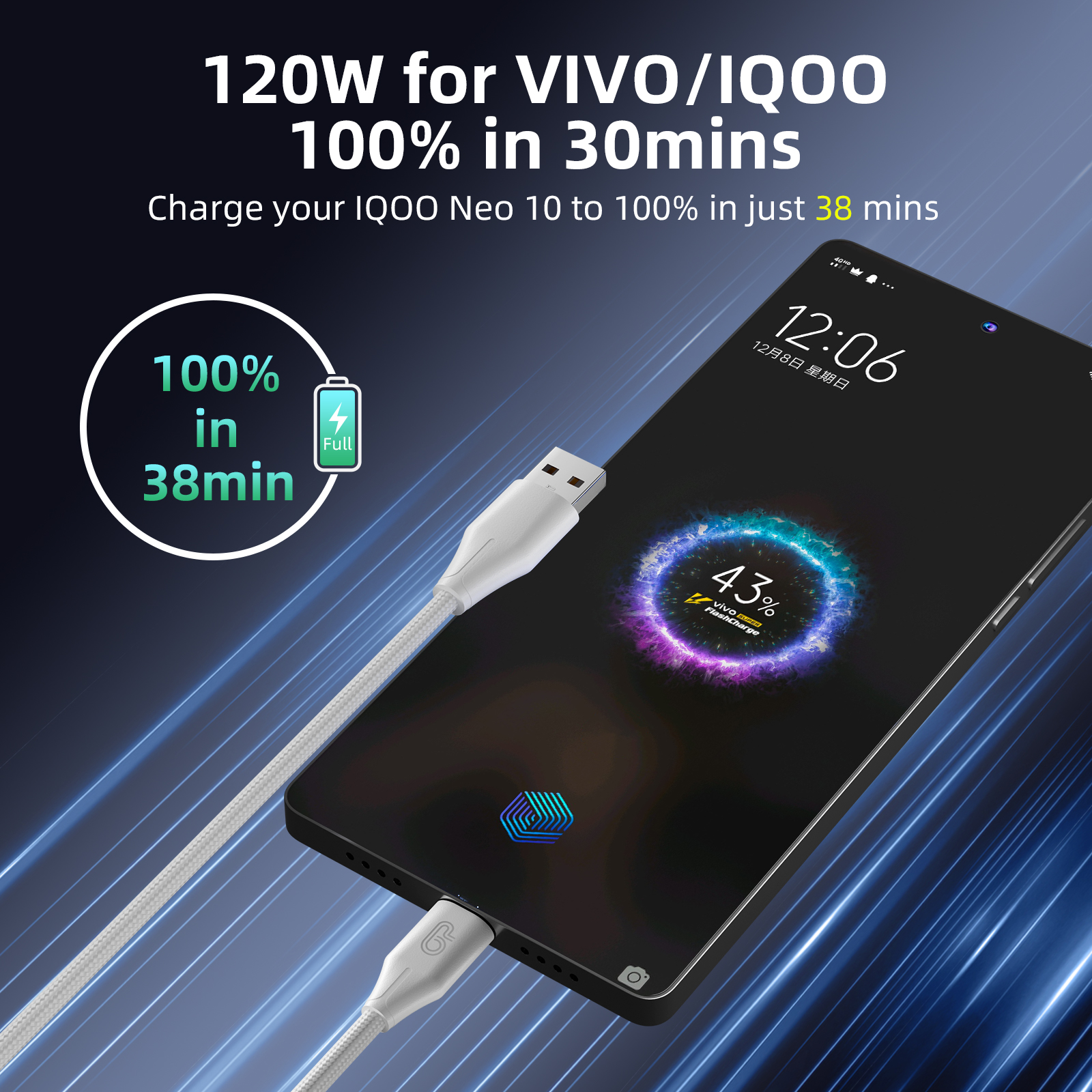 Jual ONPRIME Kabel Data VIVO iQOO USB to Type C 6A Flash Charging 44W ...