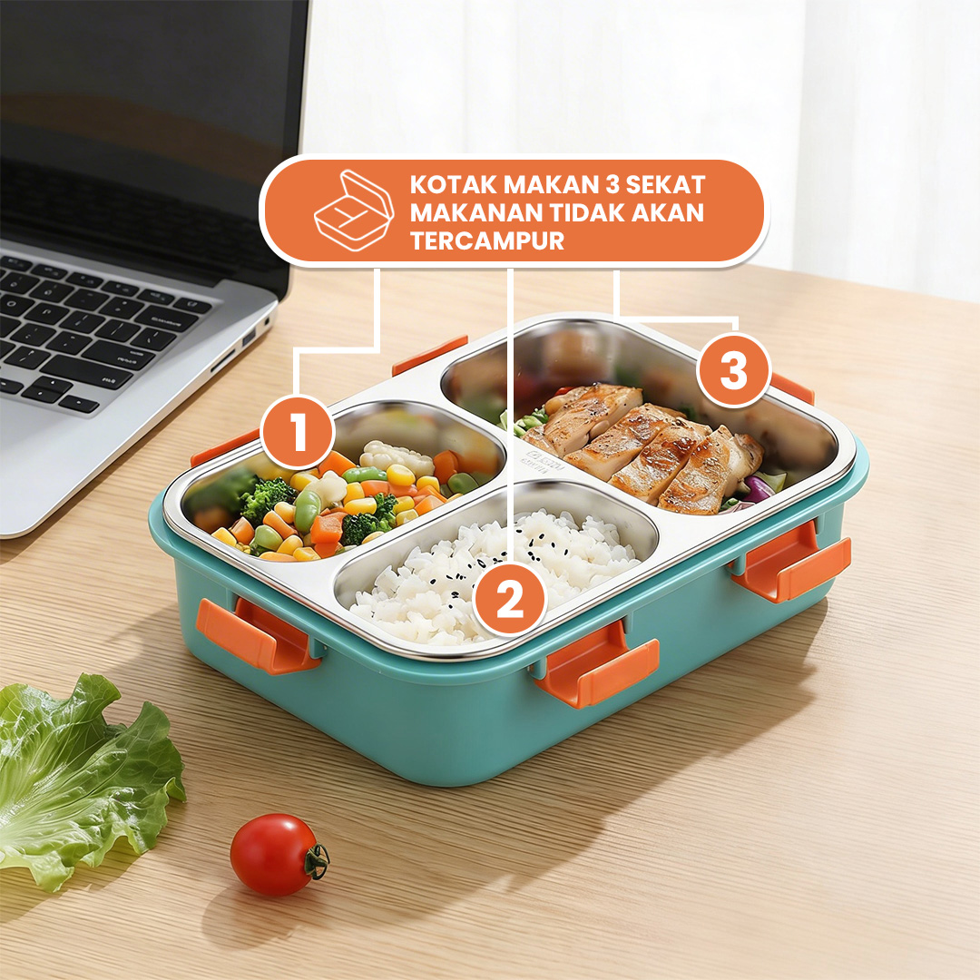 Jual Heefn Kotak Makan Lunch Box Stainless Kotak Makan 3 Sekat Tutup ...