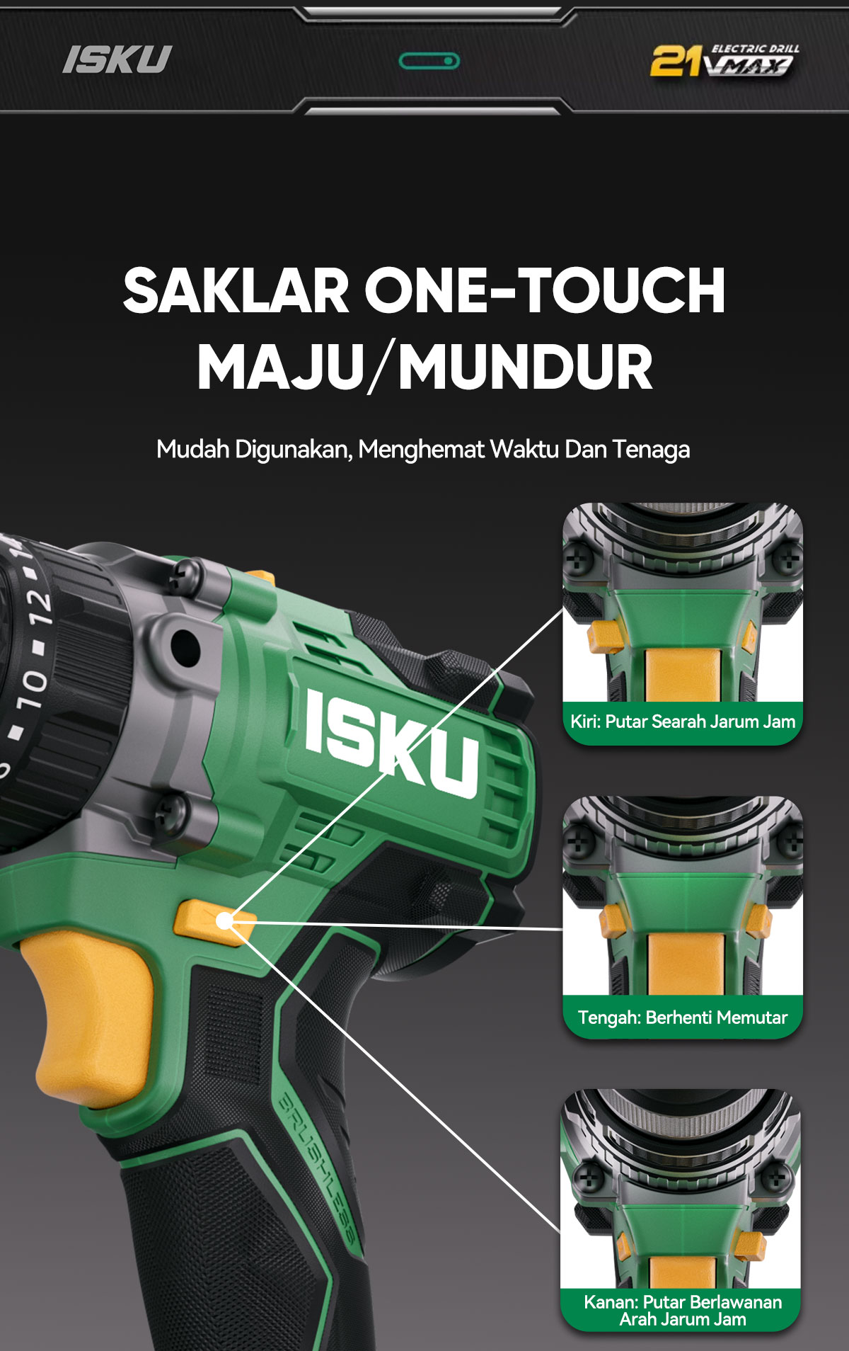 Jual ISKU Bor Impact Drill 100NM 21V Brushless - Mesin Bor Lithium Ion ...
