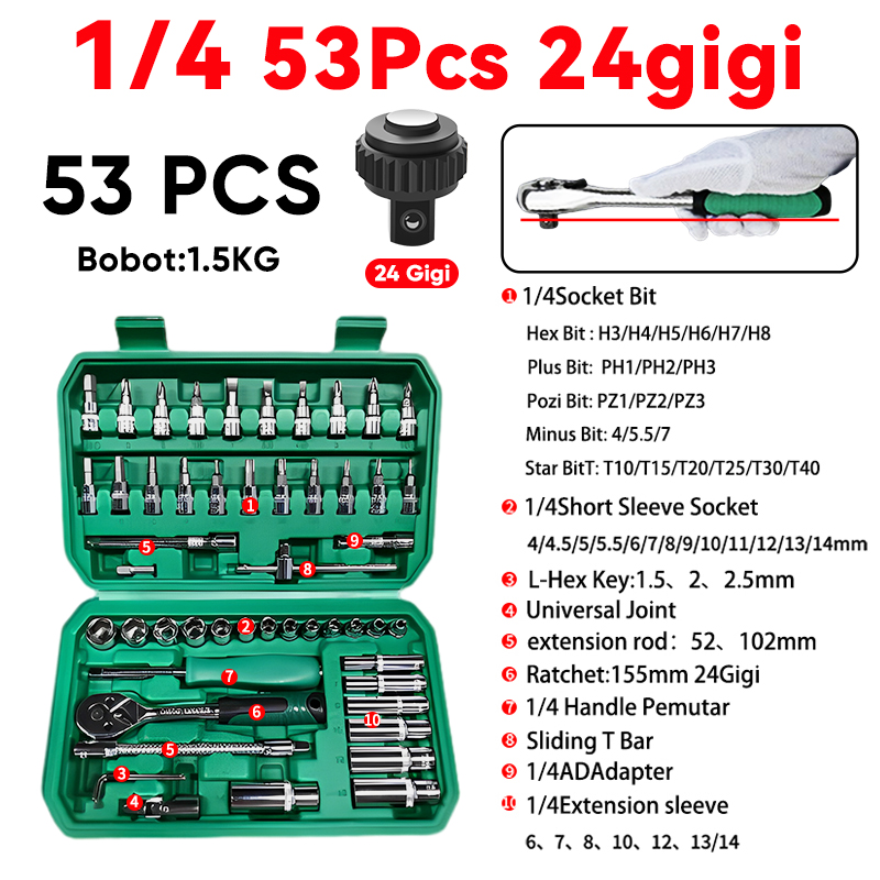 Jual ISKU Tool Kit Kunci Sok Set 53 Pcs 1/4 Inch Ratchet 72 24 Gigi ...