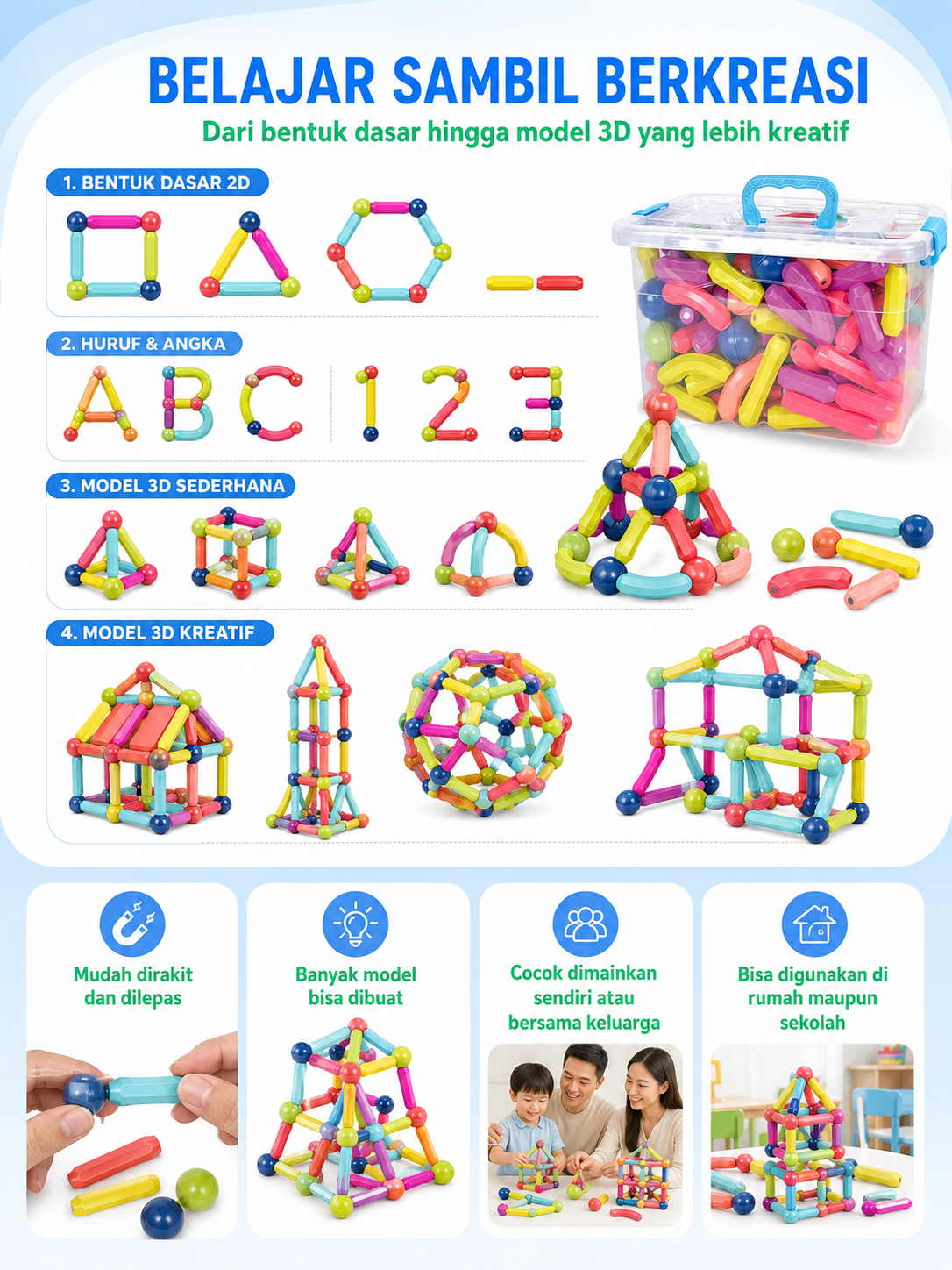 Jual Snapzy Mainan Edukasi Anak Magnetic Stick 3D DIY 188PCS Blok ...