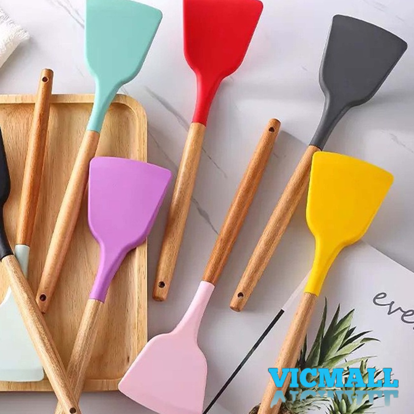 Jual VICMALL spatula silikon gagang kayu tahan panas / spatula