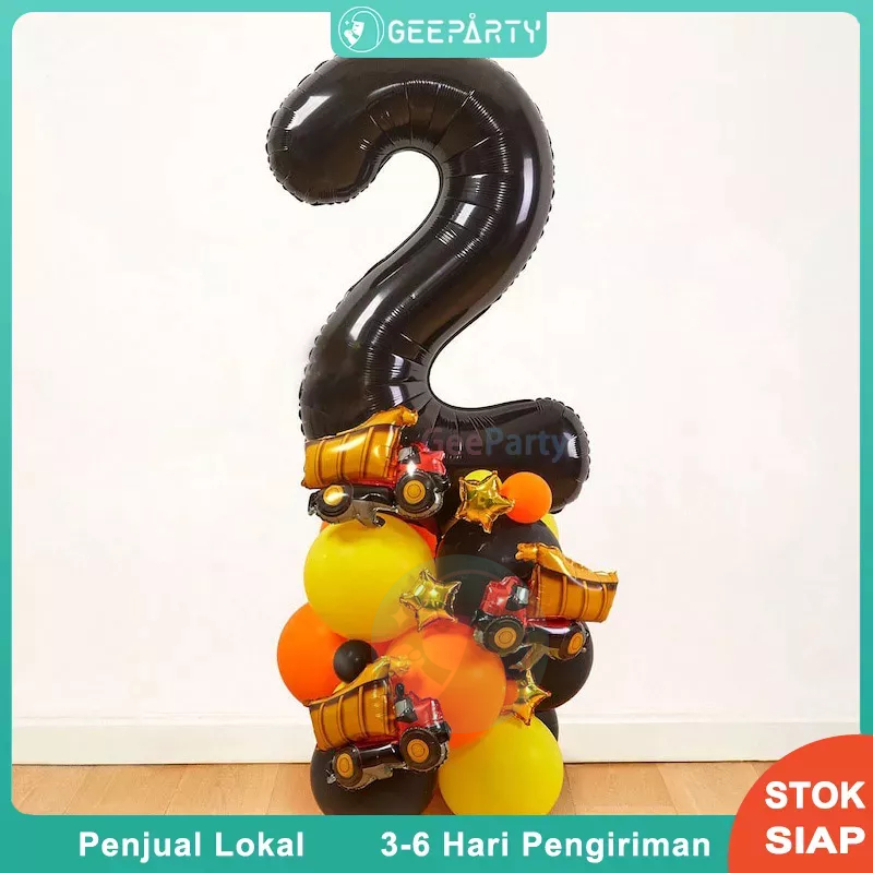 29 pcs Balon Nomor Usia Hitam Balon Truk Konstruksi Balon Angka Anak Laki-laki Perlengkapan Dekorasi Pesta Ulang Tahun Anak Laki-laki