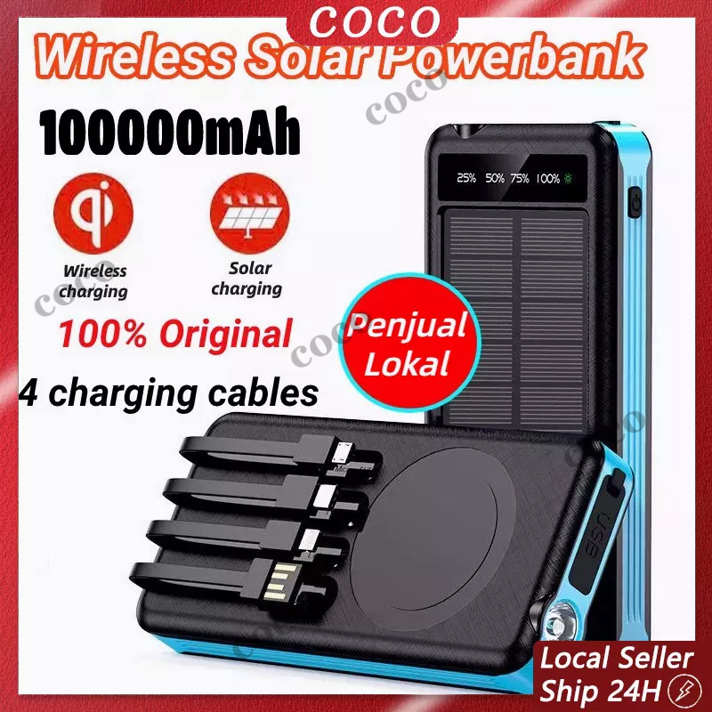 Jual 【COD】 100000mAh Solar Powerbank Wireless Powerbank Built-in 4
