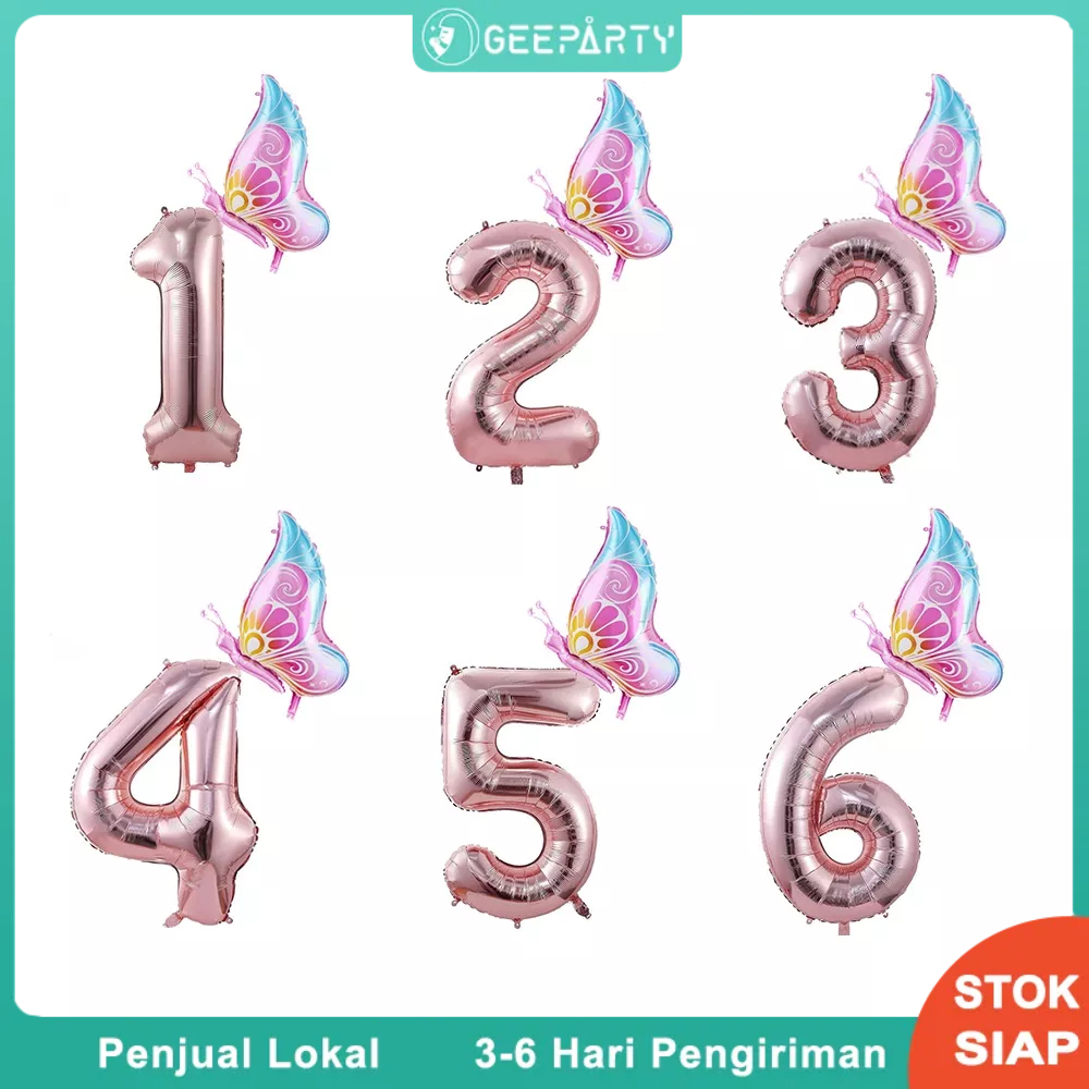 Jual 32 inci Balon Foil Angka Kupu-kupu Set Balon Nomor Emas Mawar ...