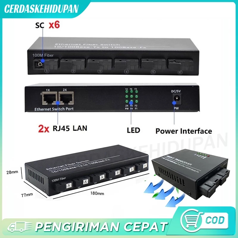 Jual Media Converter 10m 100m 6 Port Fo 2 Port Lan Ethernet Fiber Switch Optical Media Converter