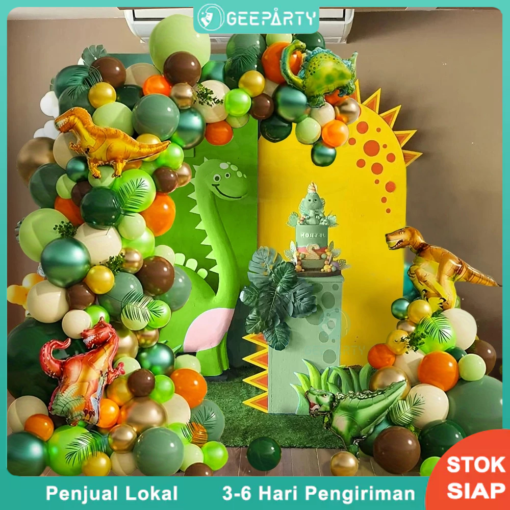 129 pcs Balon Lateks Hijau dan Oranye Vintage Dinosaurus Dekorasi Pesta Ulang Tahun Anak Laki-laki