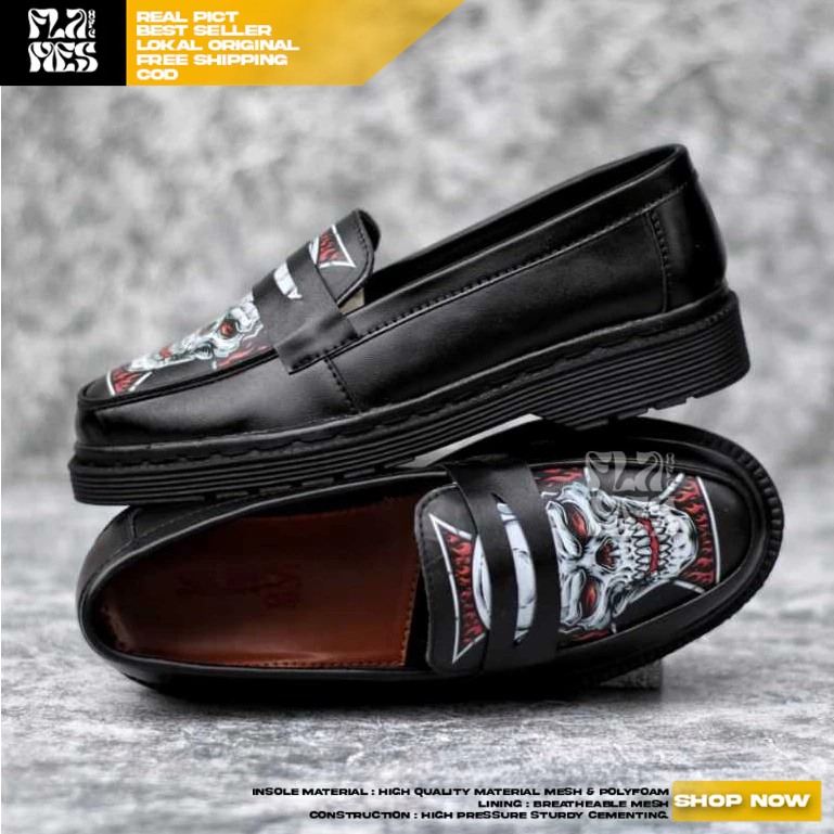 Jual Flames Sepatu Loafers Docmart Hitam Pria Casual Formal Pantofel Skull Print Shopee Indonesia