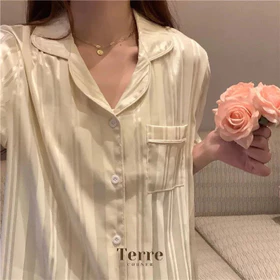 Ringan Adem Baju Tidur Wanita Dewasa Kyara Short Sleepwear Piyama Set Satin Silk Setelan Garis