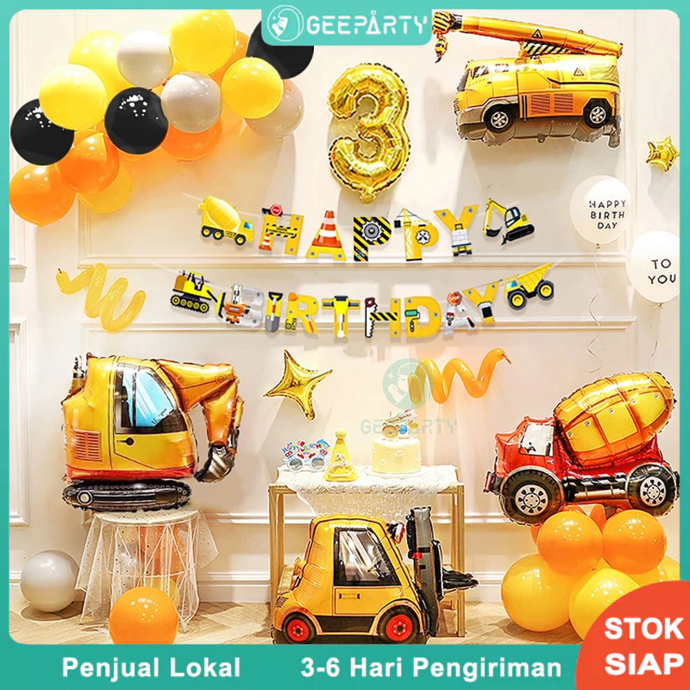 51 Pcs Set Lengkap Dekorasi Pesta Ulang Tahun Tema Konstruksi Dekorasi Balon Garland Kuning Oranye Truk Balon Foil Kebutuhan Pesta Spanduk