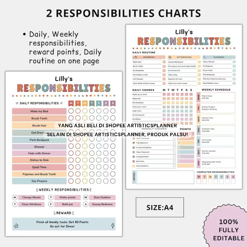 Jual Editable Chore Chart For Multiple Kids Canva, Responsibility Chart ...