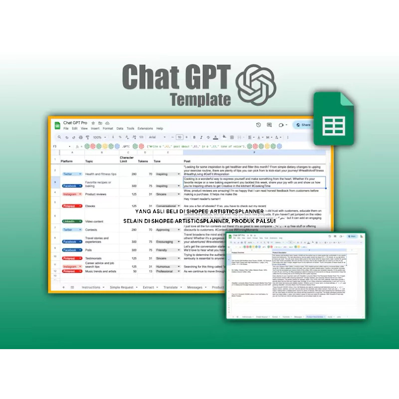 Jual Chat GPT Template Spreadsheet with built-in ChatGPT by OpenAI