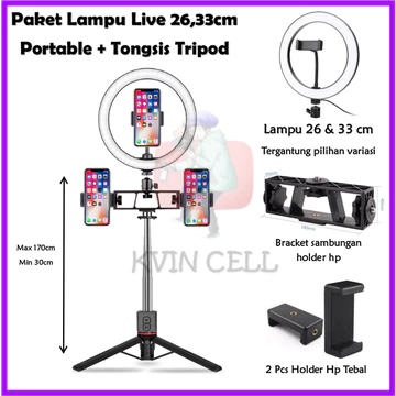 Paket Lampu Ring Light 26cm 33cm Live Dan Tripod Tongsis 1 7 Meter Free 3 Holder Hp Live Studio