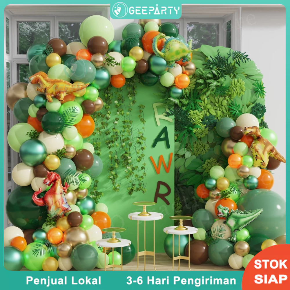 129 pcs Tema Dinosaurus Retro Hijau Oranye Balon Lateks Karangan Bunga untuk Dekorasi Pesta Ulang Tahun Anak Laki-laki