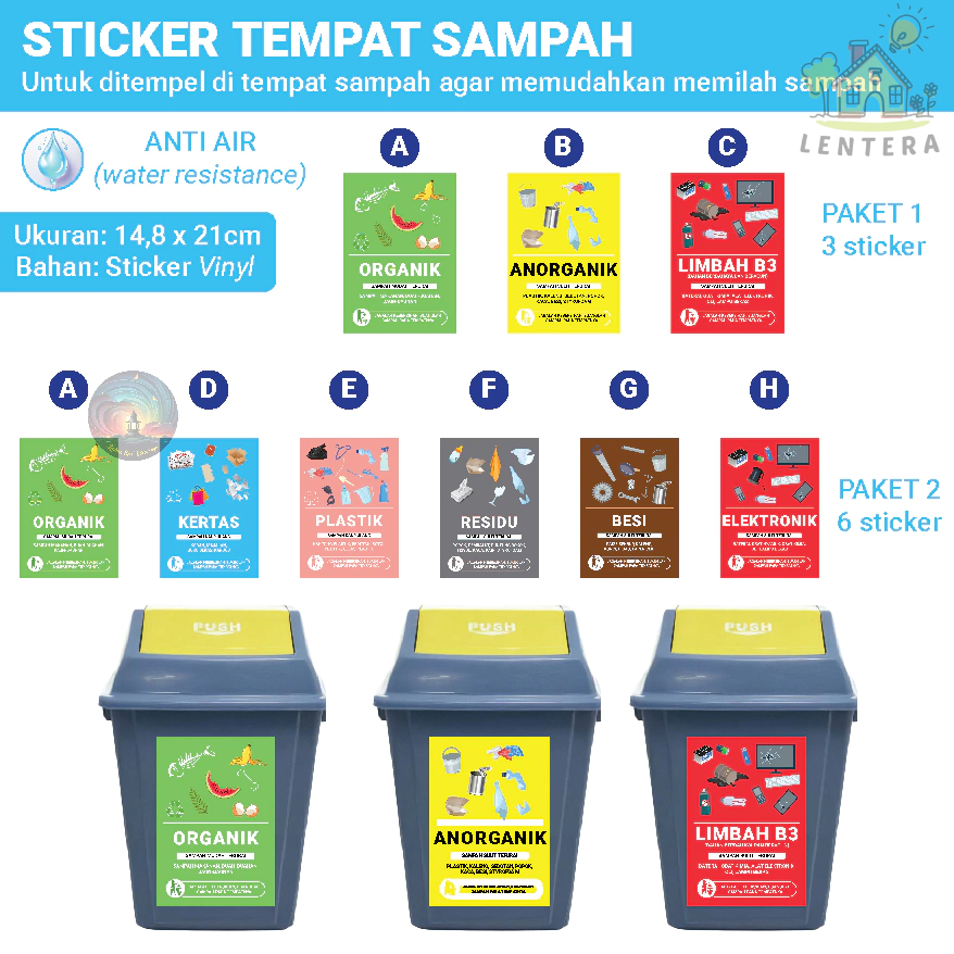 Jual Stiker Sticker Tempat Sampah Organik Anorganik Limbah B3 Residu Kertas Besi Plastik