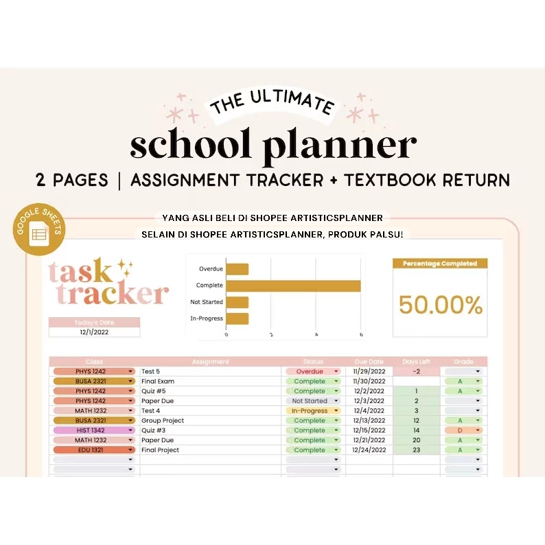 Jual School Spreadsheet | | Assignment Tracker | Book Tracker | Task ...