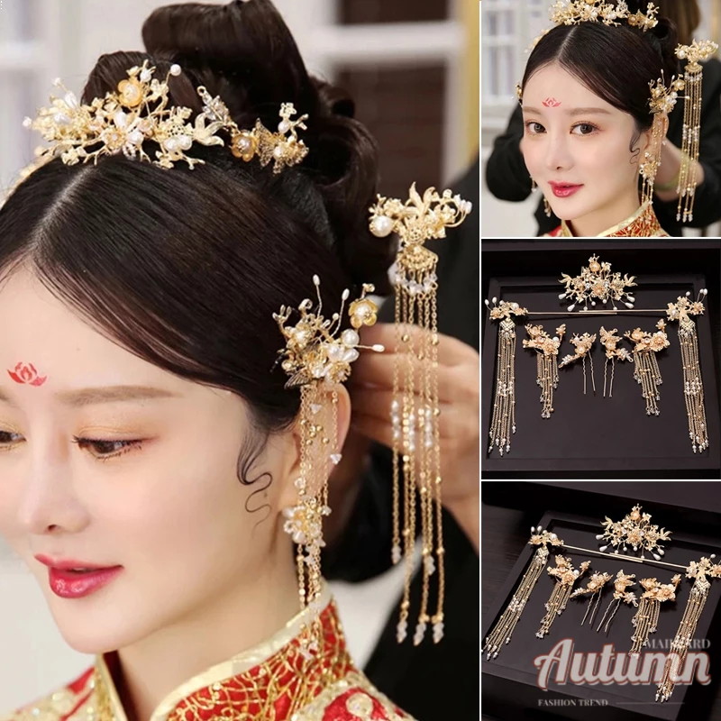 Jual GETNOIVAS Bunga Mutiara Jepit rambut Tongkat Set Vintage Emas ...