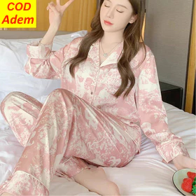 Sleepwear Wanita Korea Style Set Baju Piyama Tidur Wanita Satin Lengan Panjang Tie Dye 2025