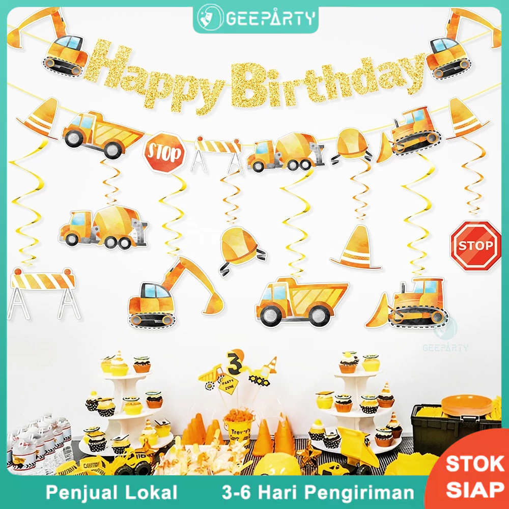 Tema Konstruksi Spiral Gantungan Spanduk Ulang Tahun Ekskavator Dan Bulldozer Untuk Dekorasi Pesta Ulang Tahun
