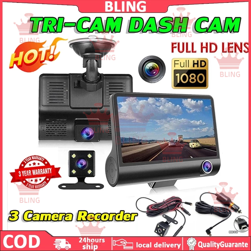 Jual Dashcam Mobil 3 Cameras 1080P HD 4.0 Inch Night Vision Loop ...