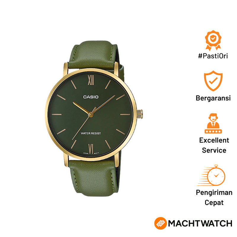 Casio MTP-VT01GL-3BUDF Orologio Uomo – Pelle Verde, Movimento Al Quarzo, Stile Classico