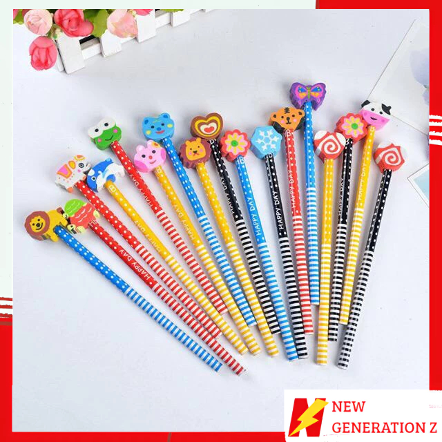 NGZ Pensil Karakter Kartun Lucu Motif Garis Polkadot Pensil Karakter + Penghapus Pensil Lucu Ada Penghapus 3D Pensil Fancy Unik Pensil Warna-Warni Untuk Souvenir Alat Tulis Sekolah TK SD Cartoon Pencil With Eraser