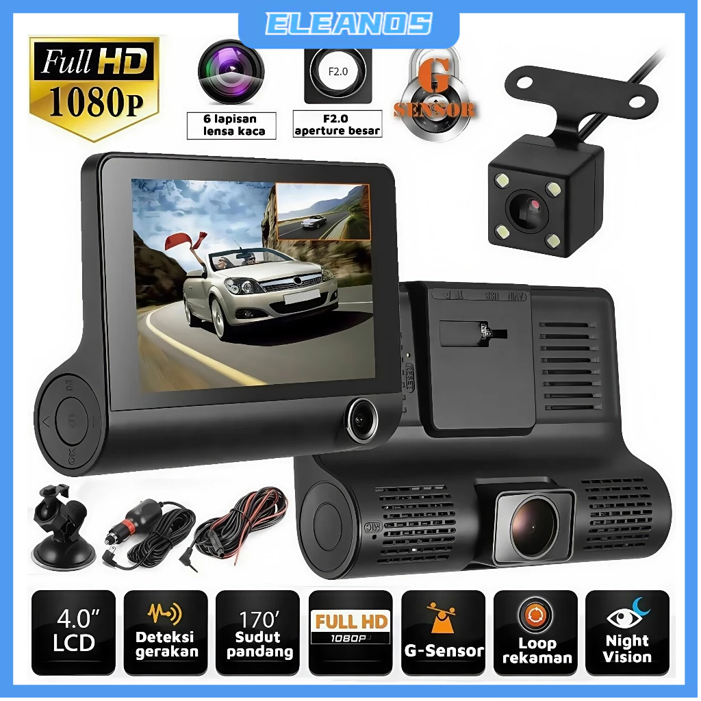 Jual Dashcam Mobil 3 Cameras 1080P HD 4.0 Inch Night Vision Loop ...