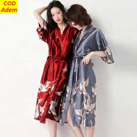 Kimono Tidur Wanita Seksi 2in1 Satin Mewah Baju Tidur Kimono Sexy Robe Dewasa Sutra Es Premium