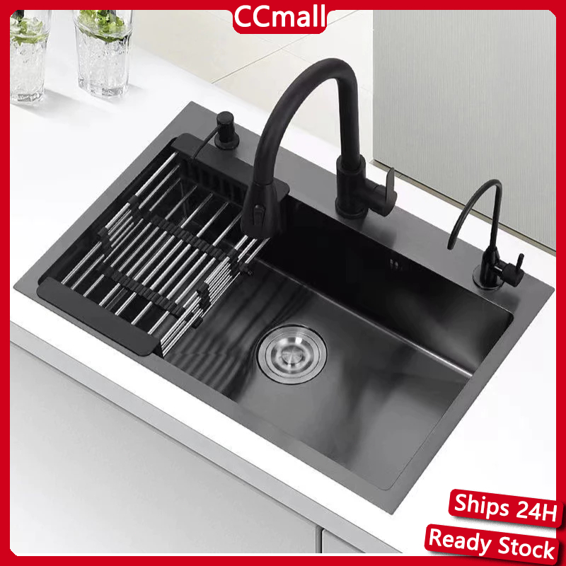 Paket Kitchen Sink Hitam/Perak Wastafel Cuci Piring Stainless/sink cuci piring Dengan Keran Tarik