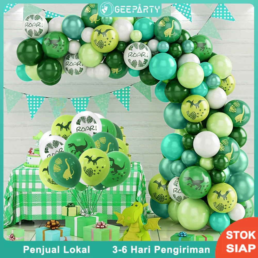 83 Pcs Set Karangan Bunga Balon Dinosaurus Putih Hijau Untuk Dekorasi Pesta Ulang Tahun Tema Dinosaurus