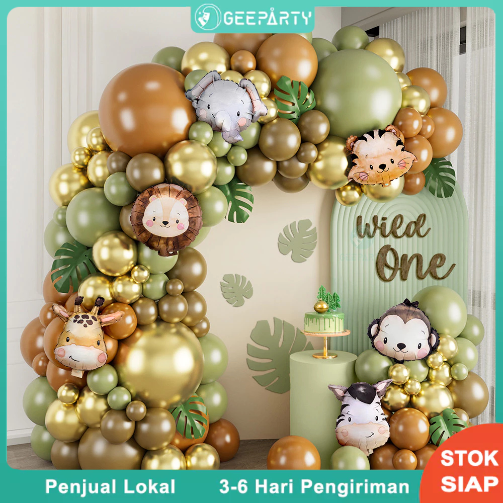 127 Pcs Set Karangan Bunga Balon Hijau Alpukat Balon Foil Hewan Rimba Untuk Dekorasi Pesta Ulang Tahun Tema Safari