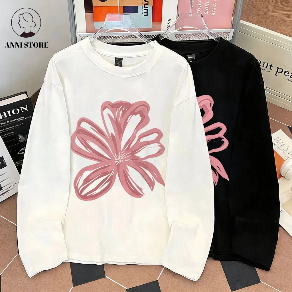 [COD] ANNI Kaos Lengan Panjang Oversize Pria Dan Wanita Putih Basic bunga print 4.16 - foto 1