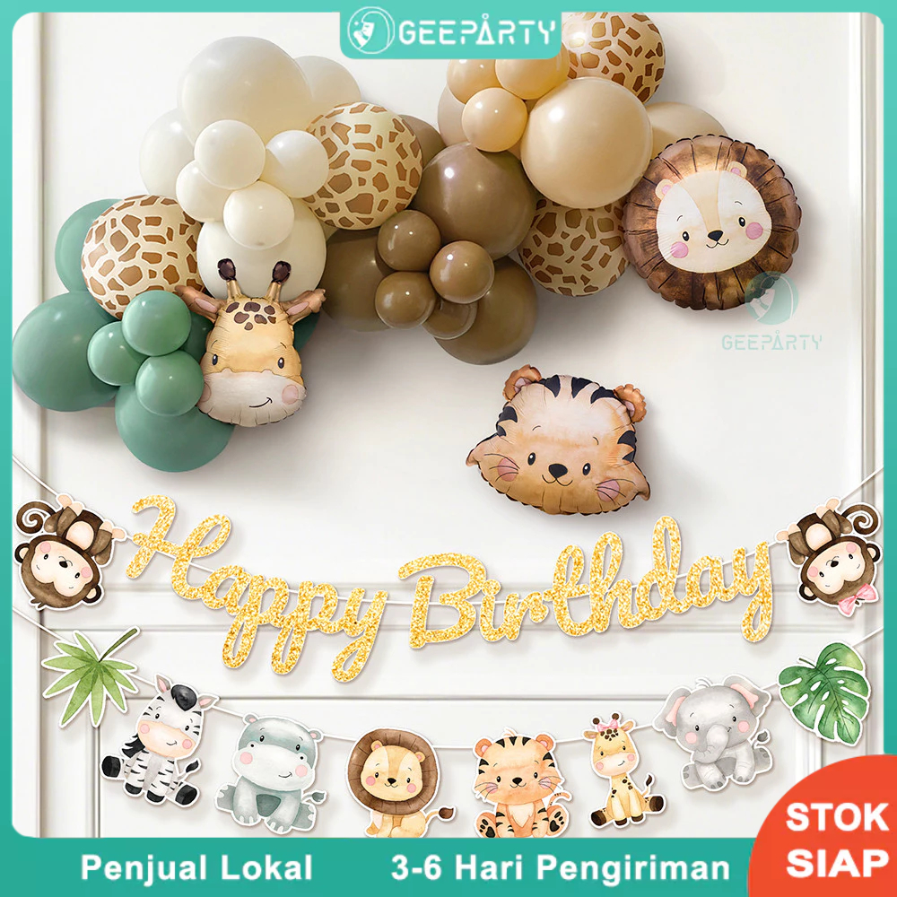 43 Pcs Balon Foil Kepala Hewan Hijau Sage Pasir Putih Balon Ulang Tahun Set Spanduk Untuk Dekorasi Pesta Tema Safari
