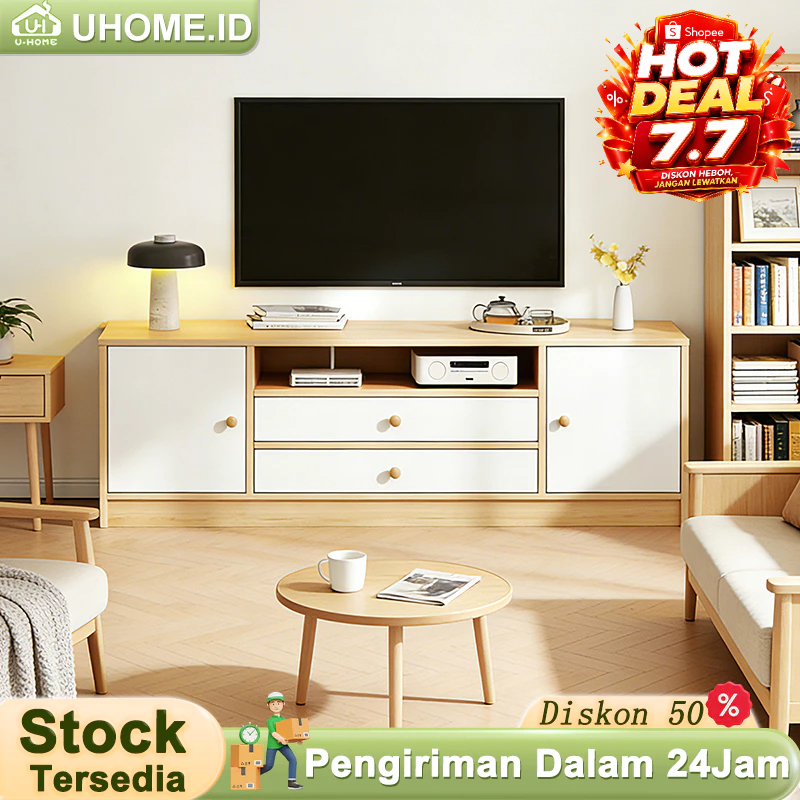 Meja TV Minimalis Modern Korean Estetik Lemari Rak Tv Kayu Ruang Tamu 2 Pintu Laci