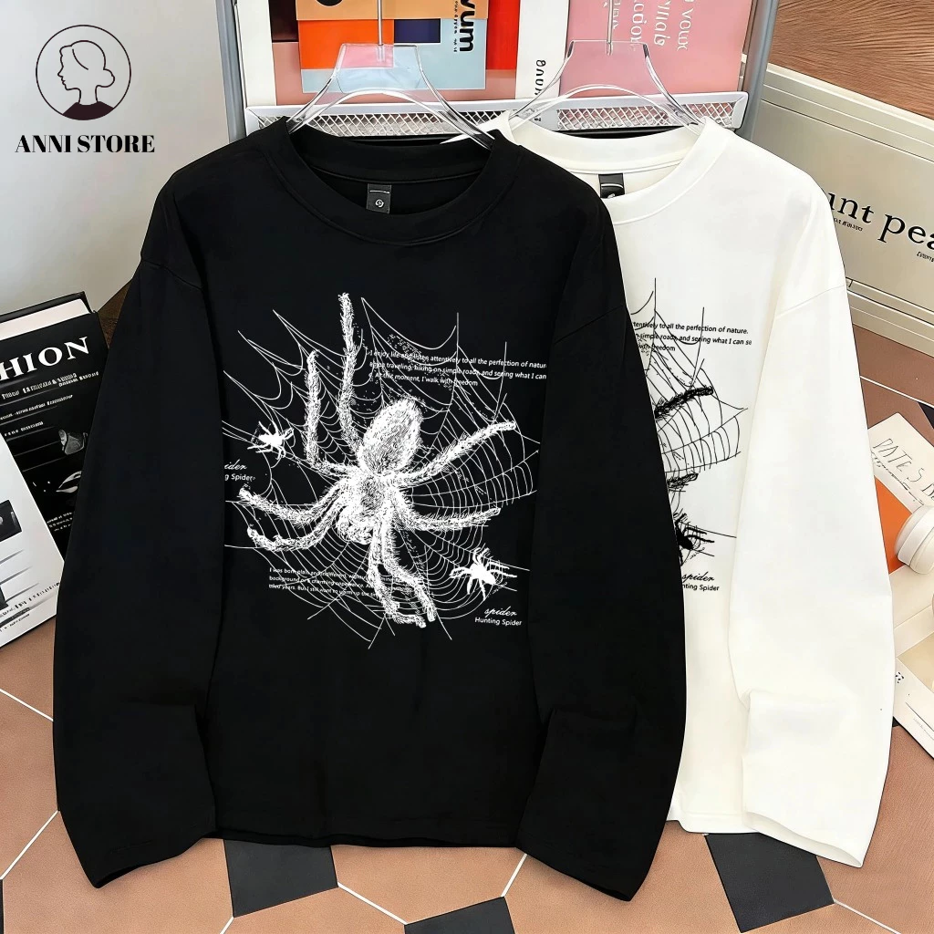 [COD] ANNI Kaos Lengan Panjang Oversize Pria Dan Wanita Hitam Basic laba-laba print 2.07 - foto 1