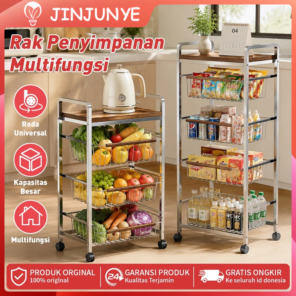 Rak Penyimpanan Stainless Steel Troli Serbaguna 4/5 Susun dengan Roda - Meja Penyimpanan Beroda - Rak Multifungsi Kamar Mandi Ruang Tamu Dapur - Rak Penyimpanan Makanan Ringan Rak Buah Rak Kamar Mandi Hemat Ruang EWI