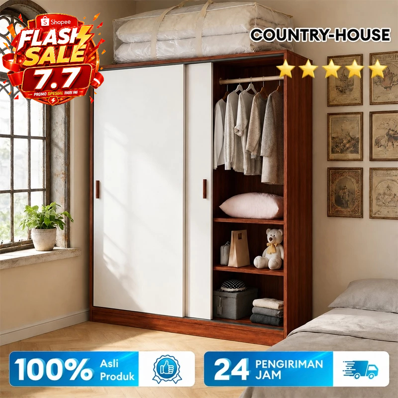 COUNTRY-HOUSE Lemari Pakaian Kayu 2 Pintu Lemari Portable Lemari Pakaian Sliding Swing Door Anti Rayap  Lemari Wardrobe Serbaguna Lemari Pakaian Anak Minimalis