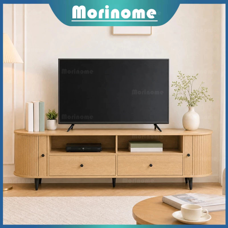 Meja TV Japandi Sliding Door Rak Bufet TV Minimalis Kayu Jati Scandinavian Modern/Meja TV Kayu Aesthetic Lemari TV Pintu Geser Rak Media Modern Vintage amo