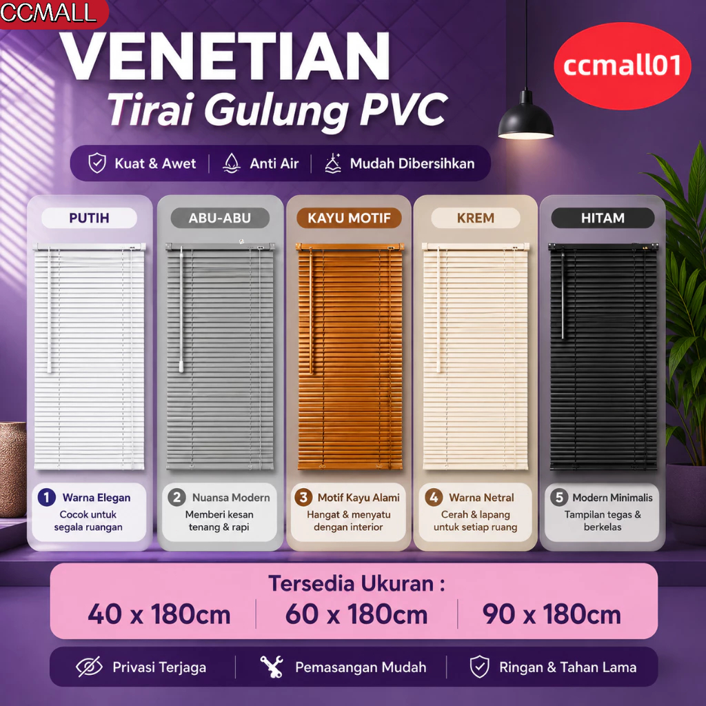 FORHOM TIRAI GULUNG LIPAT JENDELA / ROLLER BLIND VENETIAN BLINDS GORDEN 40x180 60x180 90x180 cm KRISVenetian Blind Pvc - Abu-Abu Tirai Penutup Kerai Hordeng Penghalau Cahaya Aksesoris Jendela