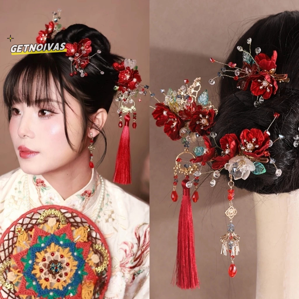 Jual Set Aksesoris Rambut Pengantin Gaya Hanfu Neo - Cina Merah | Bunga ...