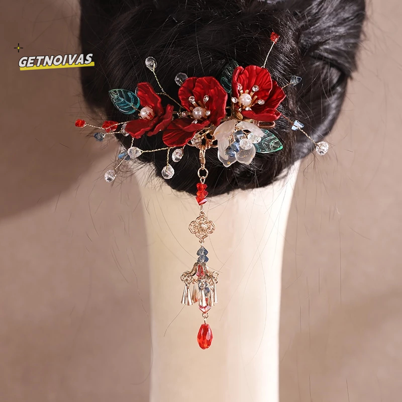 Jual Set Aksesoris Rambut Pengantin Gaya Hanfu Neo - Cina Merah | Bunga ...