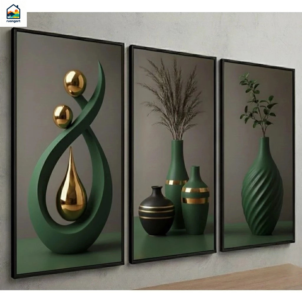 Hiasan Dinding 3pcs Abstrak Modern Minimalis Warna Hijau Tua Hiasan Dinding Ruang Tamu  Kamar Tidur Bergaya Mewah dengan Motif Vas Bunga Dekorasi Dinding Estetika Premium