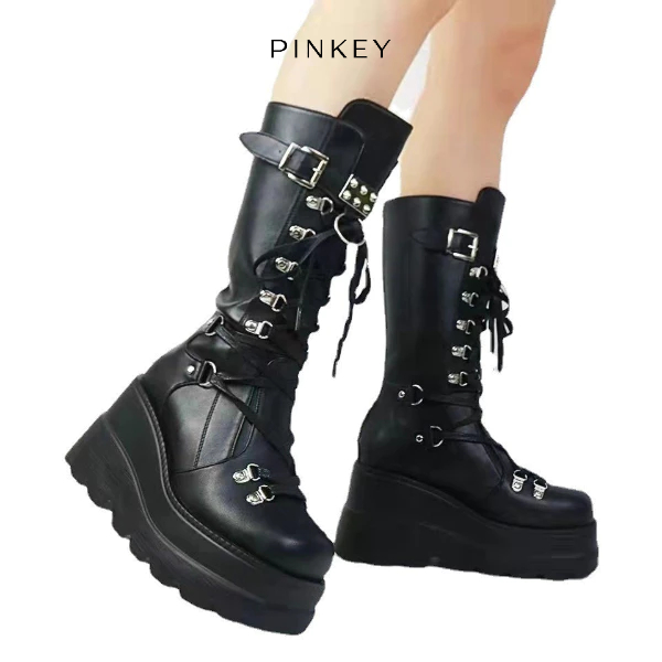 Jual PINKEY P129 Sepatu Boots Wanita PU Sintetis Karet Hitam Tinggi 8 ...