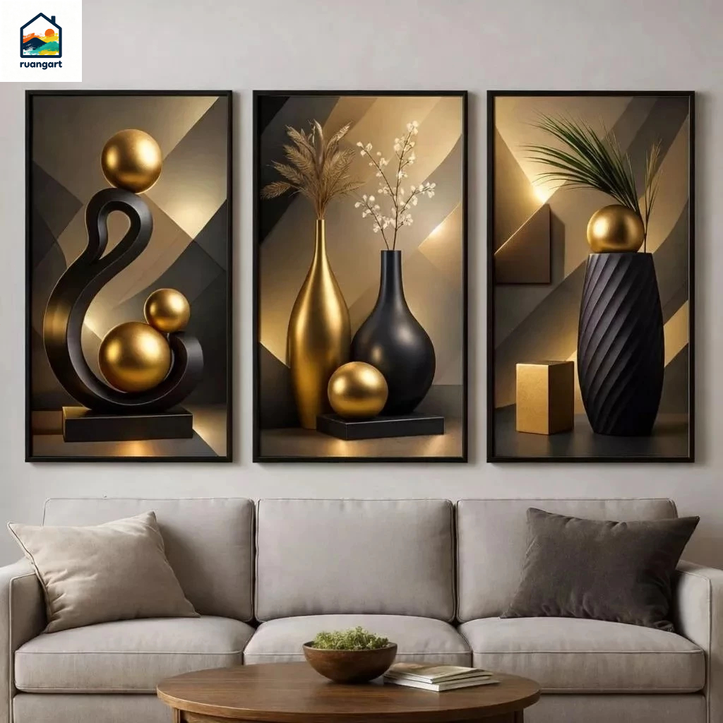 Hiasan Dinding Ruang Tamu 3 Panel - Modern Minimalis Mewah Vas Hitam Emas Abstrak Bunga Kering
