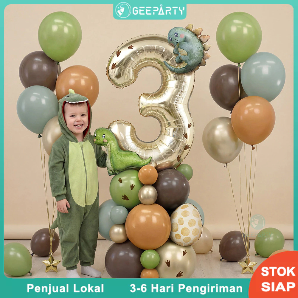 42 Buah Set Balon Foil Brachiosaurus Lucu Balon Angka Putih Emas Untuk Dekorasi Pesta Ulang Tahun Tema Dinosaurus