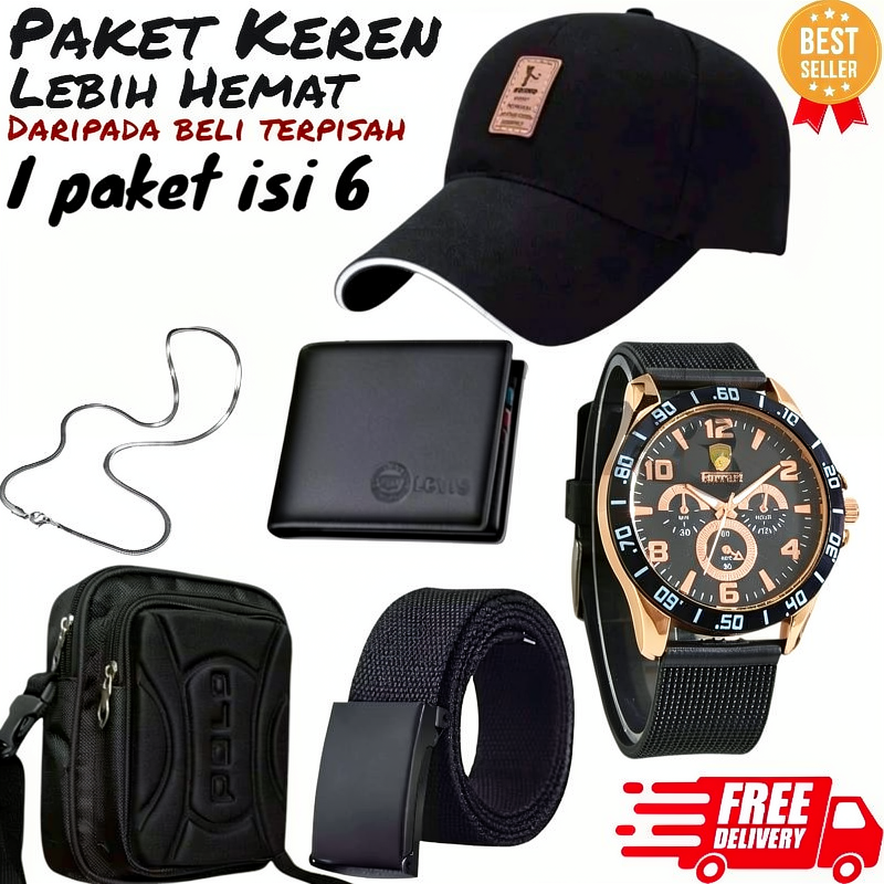 (Promo Paket Istimewa Pria Keren Combo Star Pria Terbaru ) 6 In 1/Jam Tangan Pria Keren Beli Jam Tangan,Jam Tangan Pria Gratis Tas Selempang,Topi,Dompet Kulit,Ikat Pinggang Dan Kalung Titanium