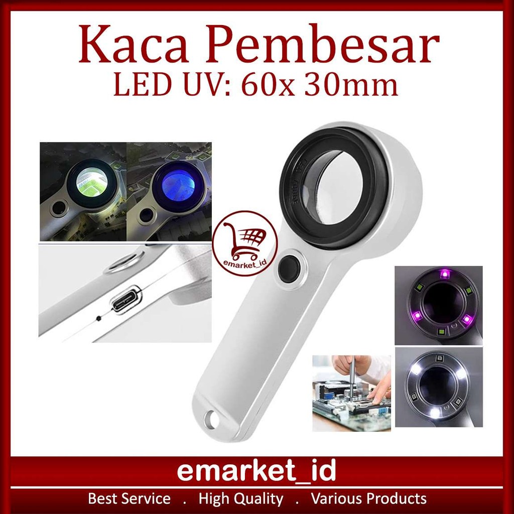 Jual EM Kaca Pembesar LED UV 60x 30mm E089x / Rechargeable Magnifying ...