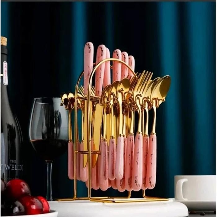Jual Sendok Cutlery Set Sendok Sultan Makan Set Isi 24 Set Gold Marble ...